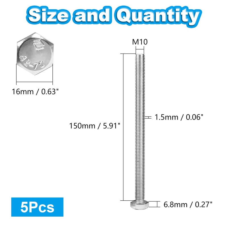 Yinpecly 5 Pcs M10 Hex Bolts M10-1.5 x 150mm Hex Head Screw Bolt 304 Stainless Steel M10-1.5mm Hexagon Bolts Hex Head Screws, Metric Machine Fully Thread, Bright Finish - Image 2